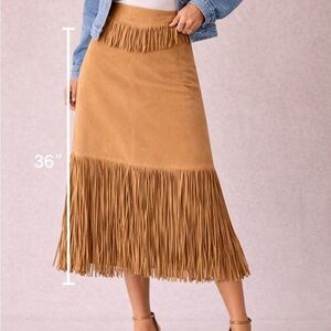 Suede Western Fringed Tan Midi Skirt
